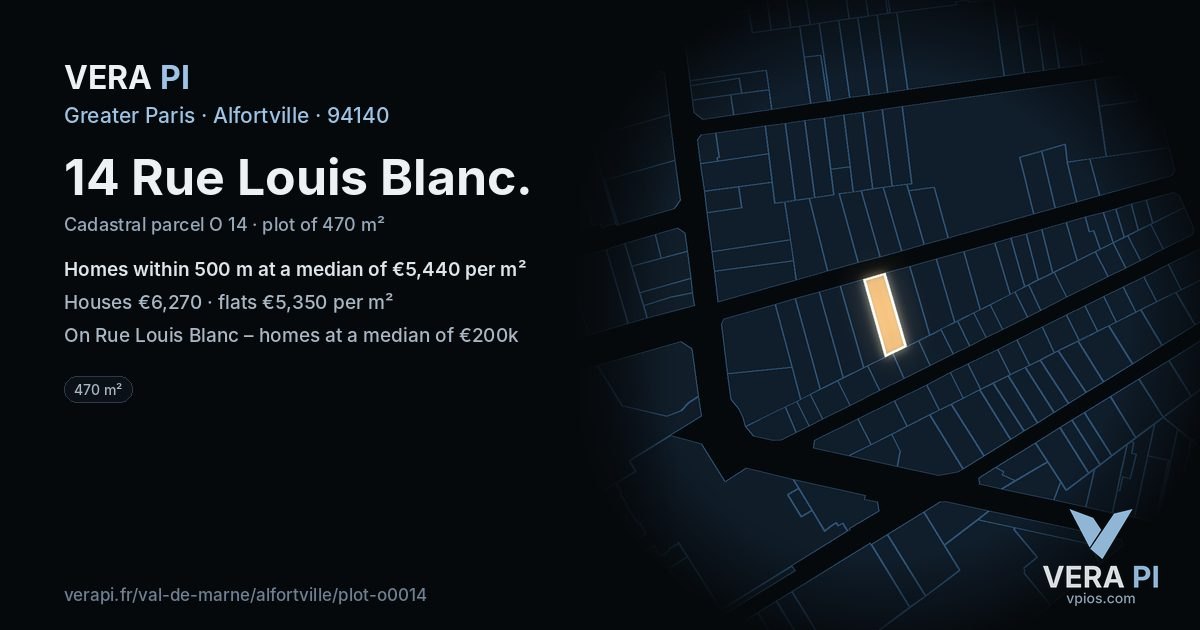 14 Rue Louis Blanc, Alfortville at night – the plot lit, the parcels around coloured by the prices near them