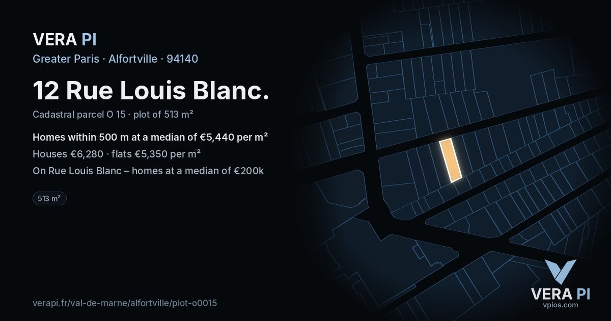 12 Rue Louis Blanc, Alfortville at night – the plot lit, the parcels around coloured by the prices near them