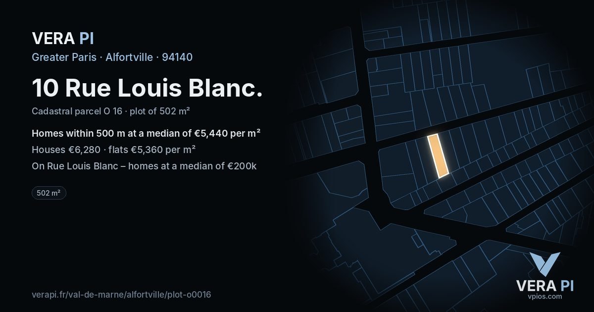 10 Rue Louis Blanc, Alfortville at night – the plot lit, the parcels around coloured by the prices near them