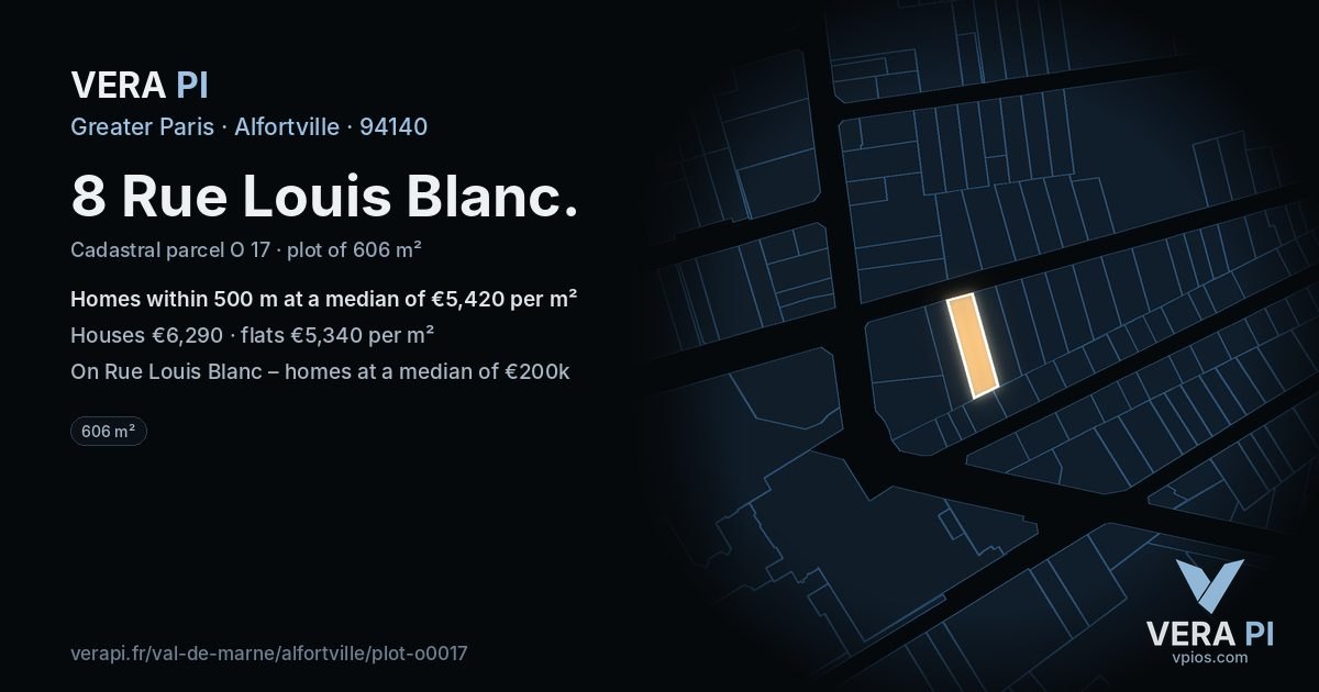 8 Rue Louis Blanc, Alfortville at night – the plot lit, the parcels around coloured by the prices near them