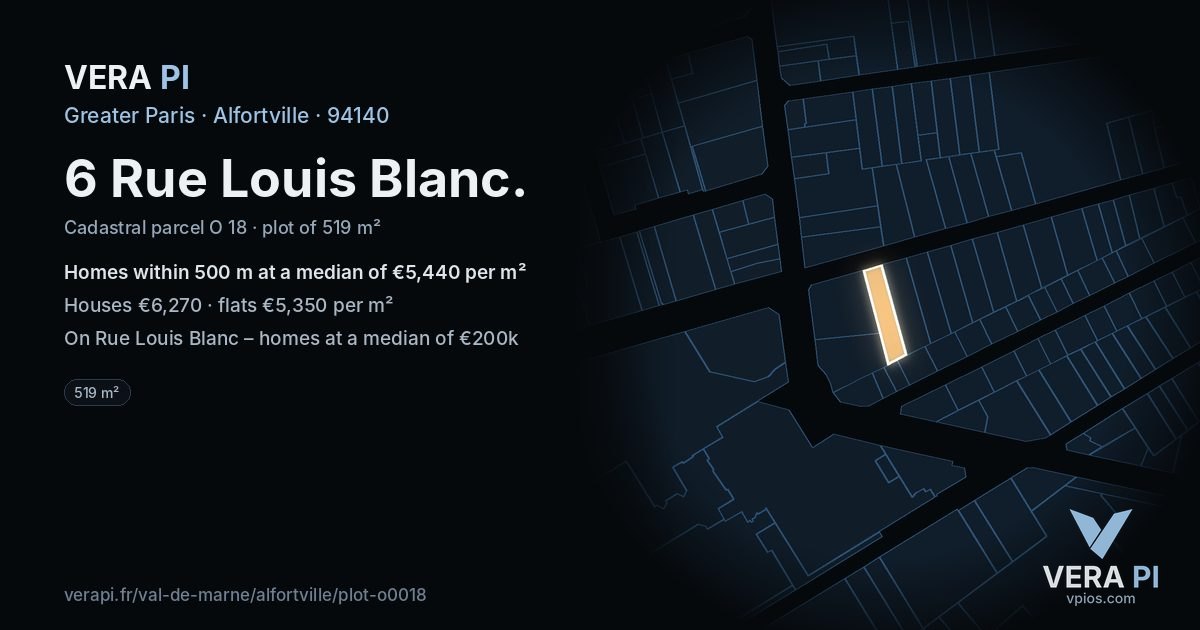 6 Rue Louis Blanc, Alfortville at night – the plot lit, the parcels around coloured by the prices near them