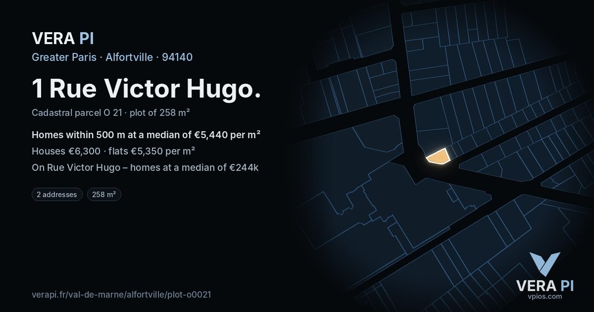 1 Rue Victor Hugo, Alfortville at night – the plot lit, the parcels around coloured by the prices near them