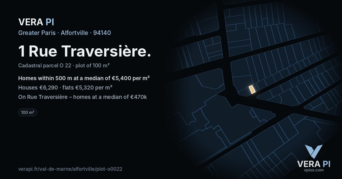 1 Rue Traversière, Alfortville at night – the plot lit, the parcels around coloured by the prices near them