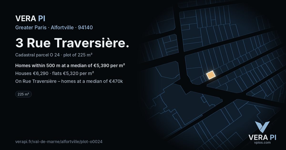 3 Rue Traversière, Alfortville at night – the plot lit, the parcels around coloured by the prices near them