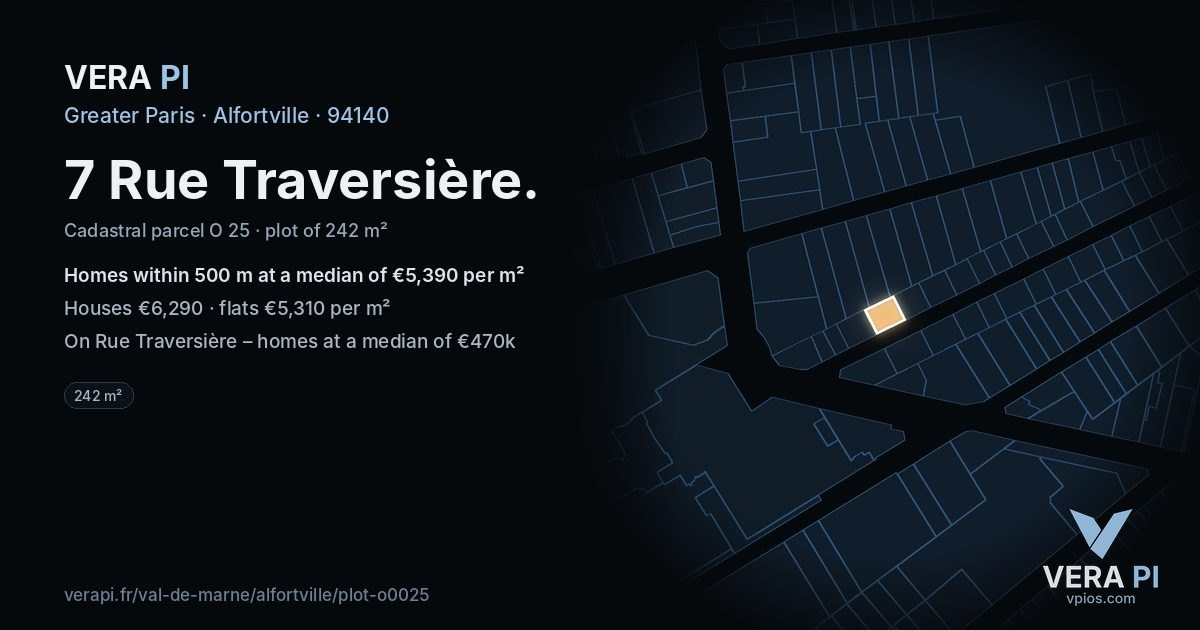 7 Rue Traversière, Alfortville at night – the plot lit, the parcels around coloured by the prices near them