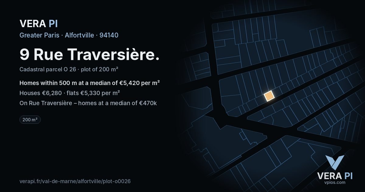 9 Rue Traversière, Alfortville at night – the plot lit, the parcels around coloured by the prices near them