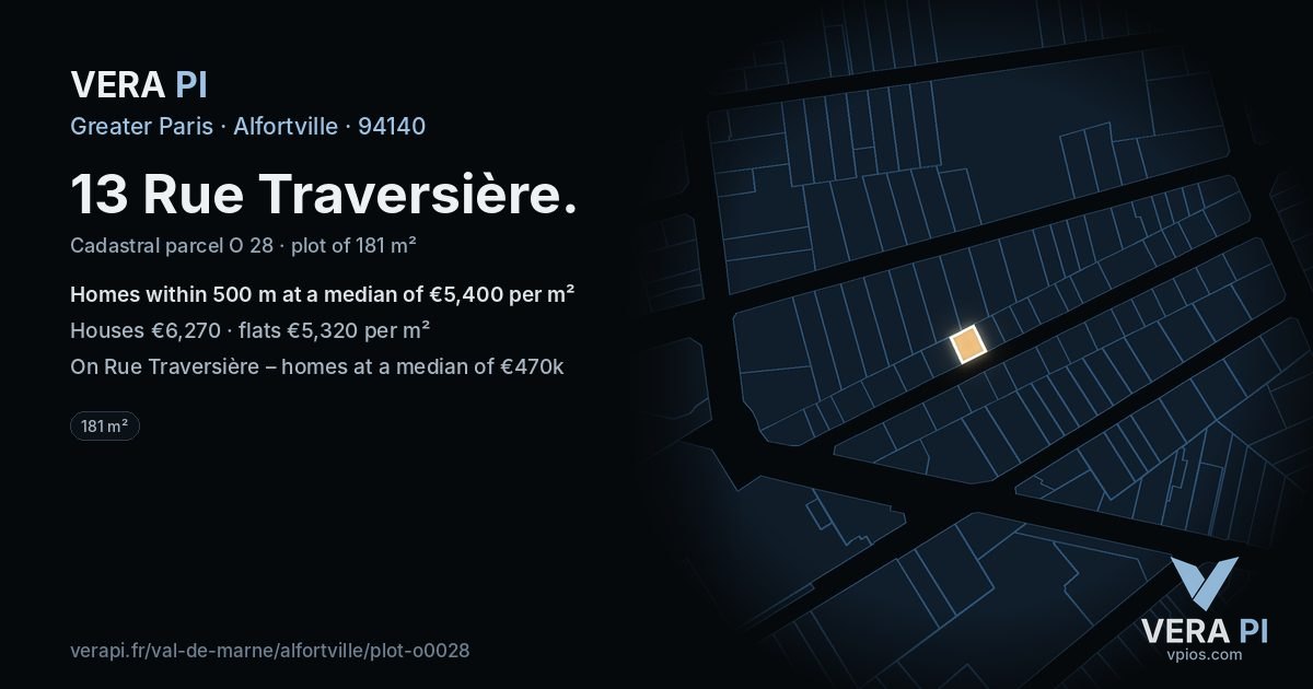 13 Rue Traversière, Alfortville at night – the plot lit, the parcels around coloured by the prices near them