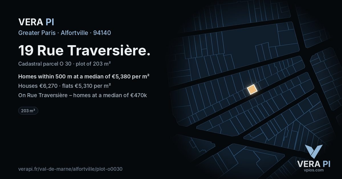 19 Rue Traversière, Alfortville at night – the plot lit, the parcels around coloured by the prices near them
