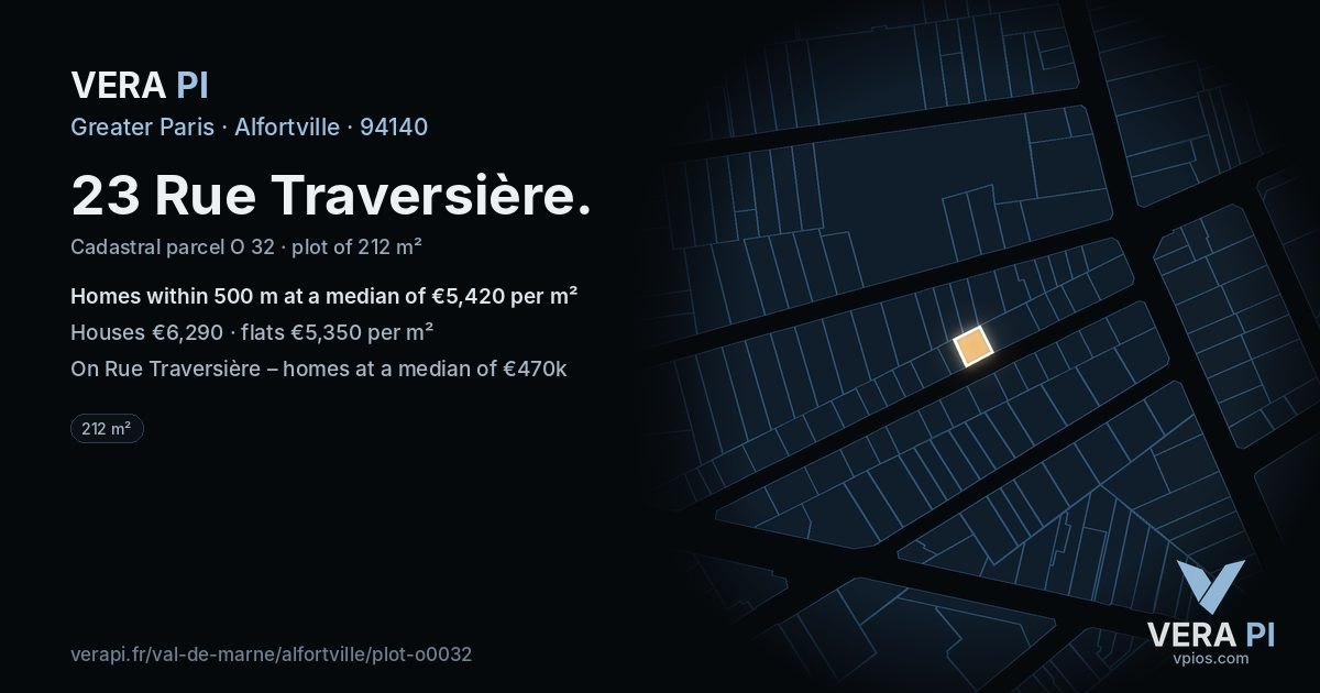 23 Rue Traversière, Alfortville at night – the plot lit, the parcels around coloured by the prices near them