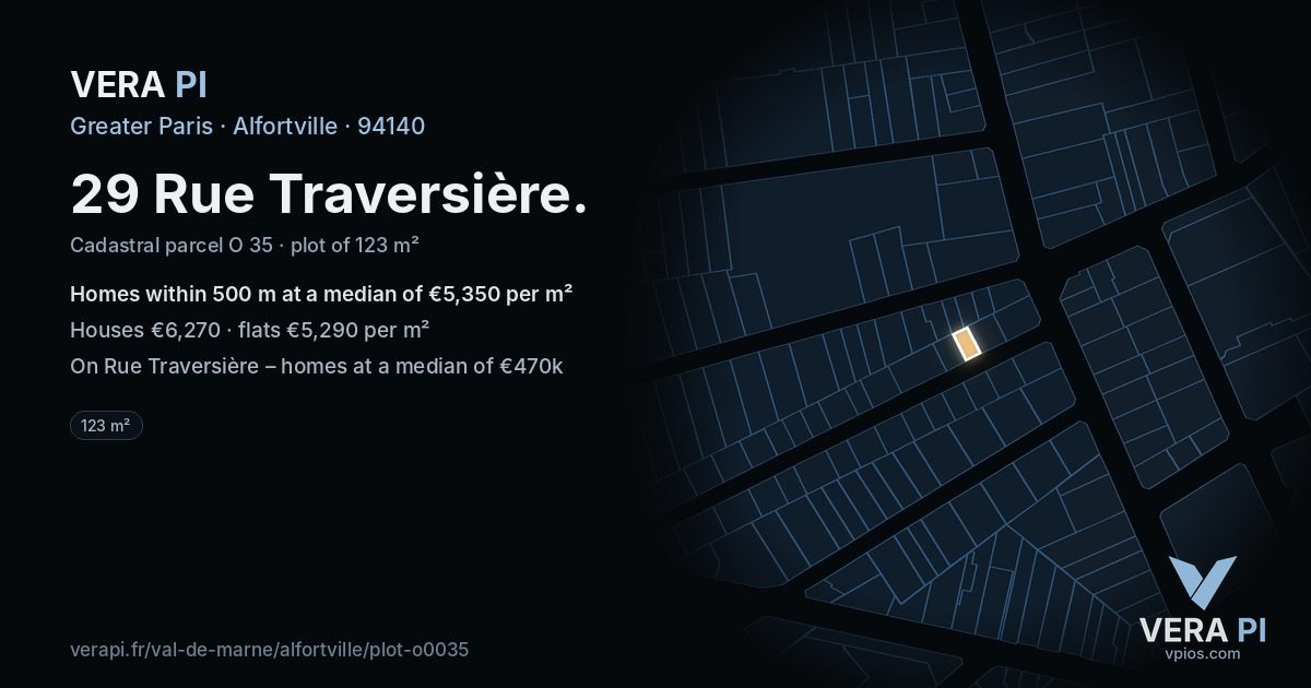 29 Rue Traversière, Alfortville at night – the plot lit, the parcels around coloured by the prices near them
