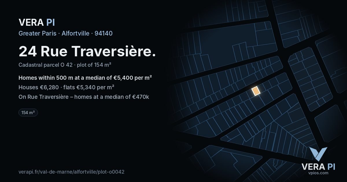 24 Rue Traversière, Alfortville at night – the plot lit, the parcels around coloured by the prices near them