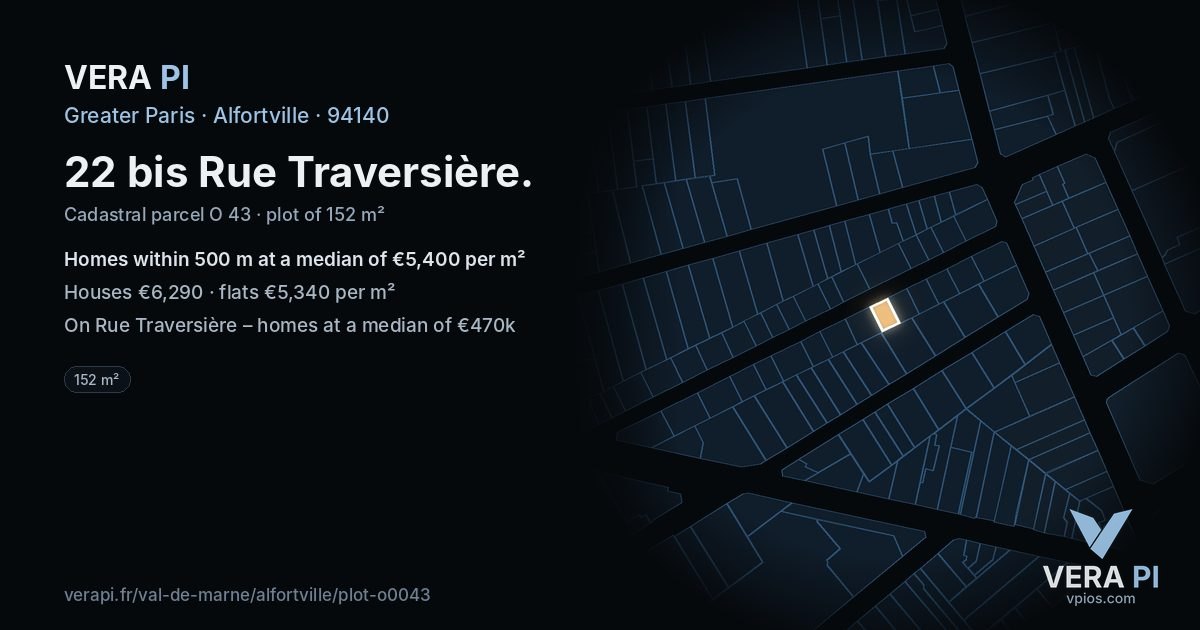 22 bis Rue Traversière, Alfortville at night – the plot lit, the parcels around coloured by the prices near them