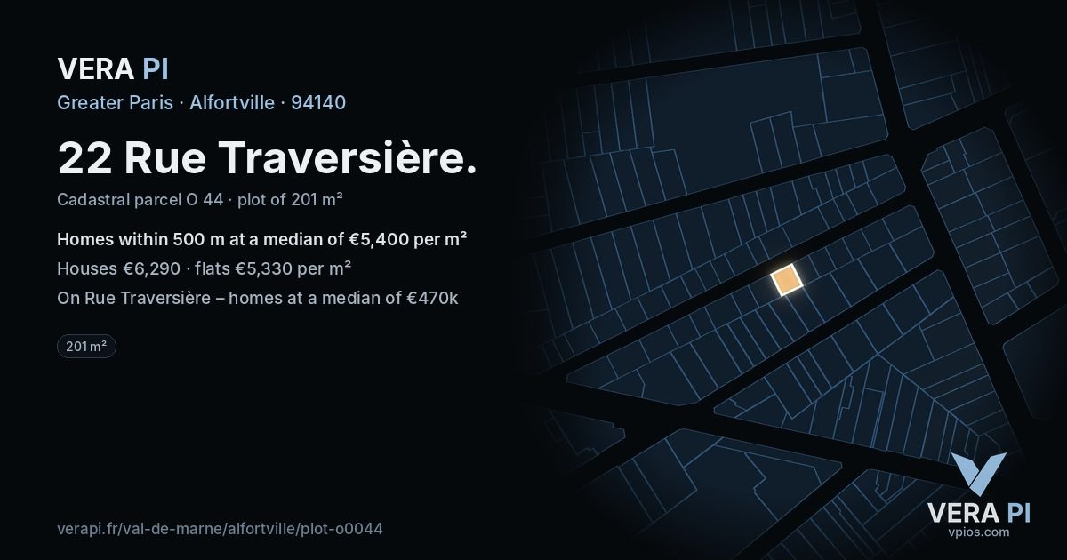 22 Rue Traversière, Alfortville at night – the plot lit, the parcels around coloured by the prices near them