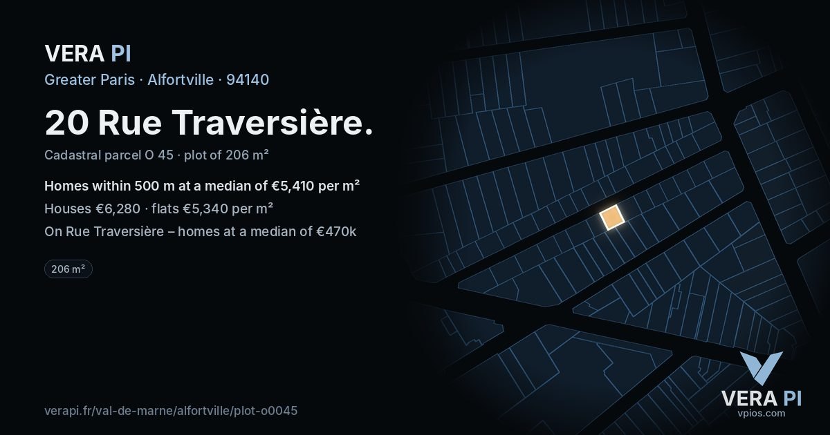 20 Rue Traversière, Alfortville at night – the plot lit, the parcels around coloured by the prices near them