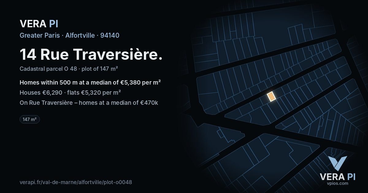 14 Rue Traversière, Alfortville at night – the plot lit, the parcels around coloured by the prices near them