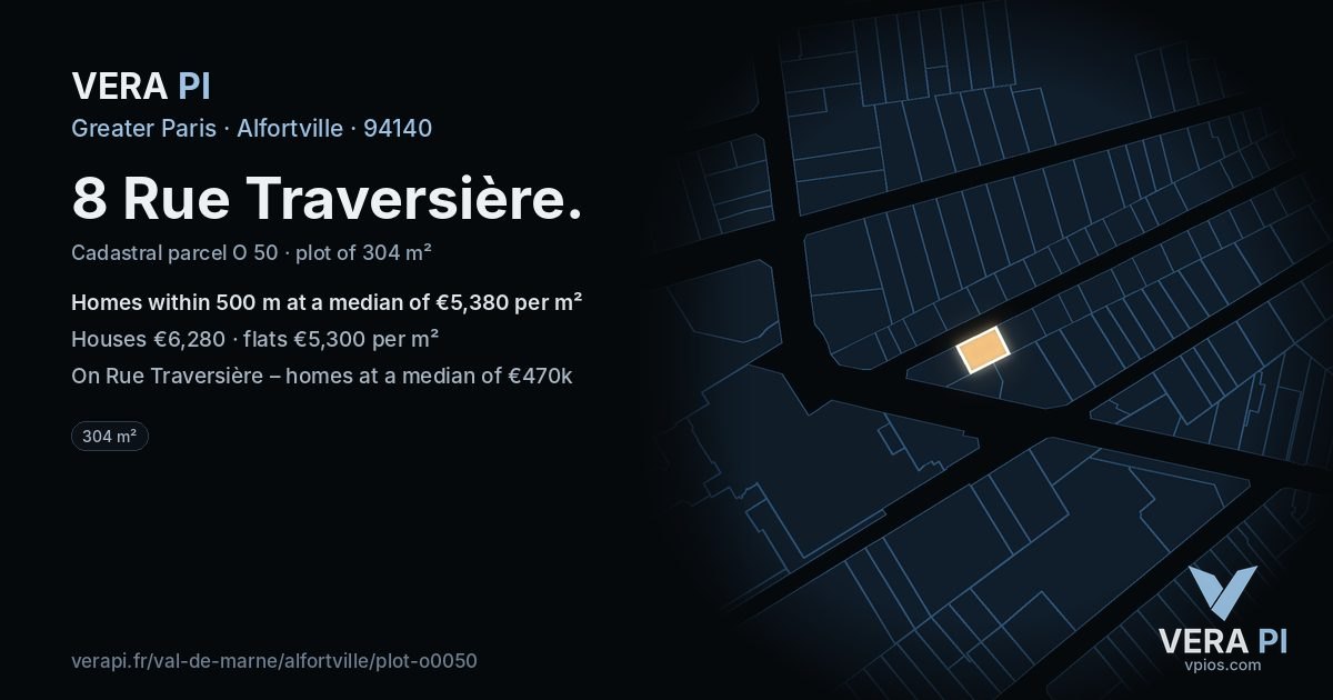 8 Rue Traversière, Alfortville at night – the plot lit, the parcels around coloured by the prices near them