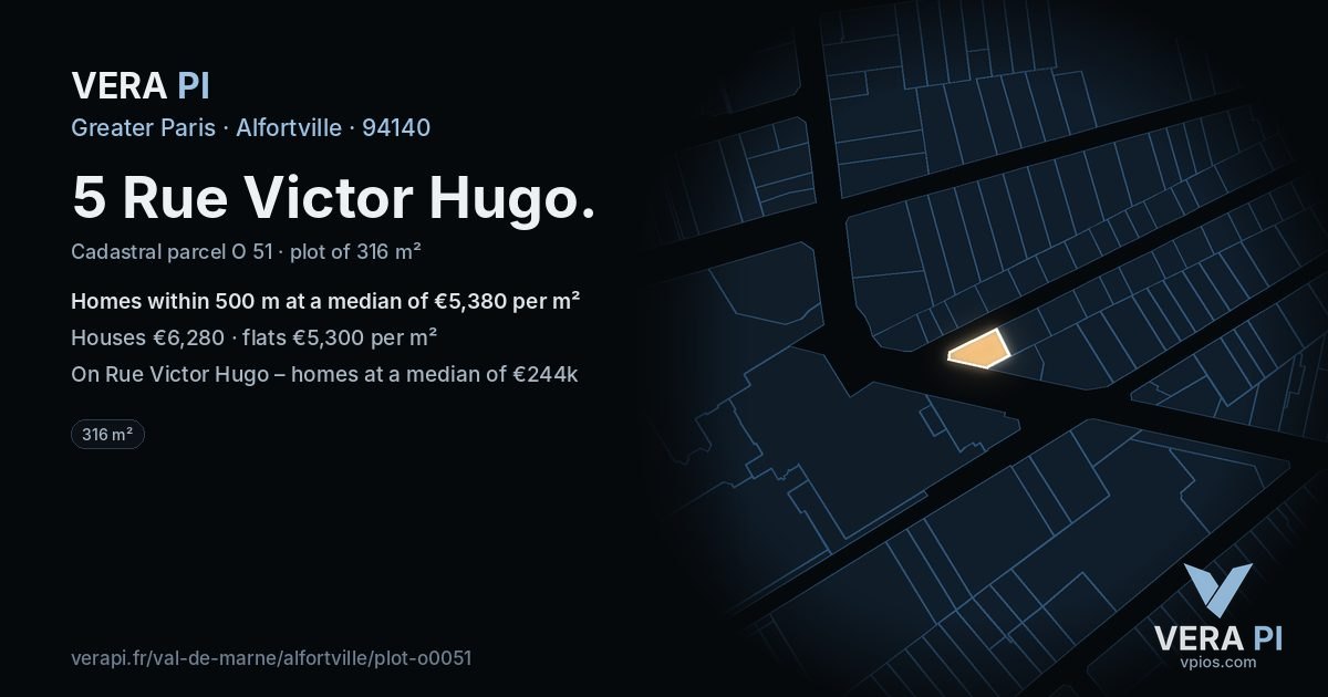 5 Rue Victor Hugo, Alfortville at night – the plot lit, the parcels around coloured by the prices near them