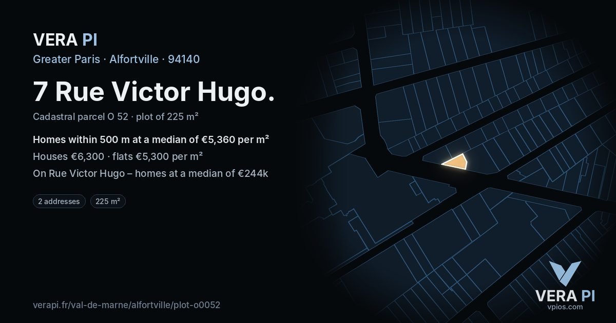 7 Rue Victor Hugo, Alfortville at night – the plot lit, the parcels around coloured by the prices near them