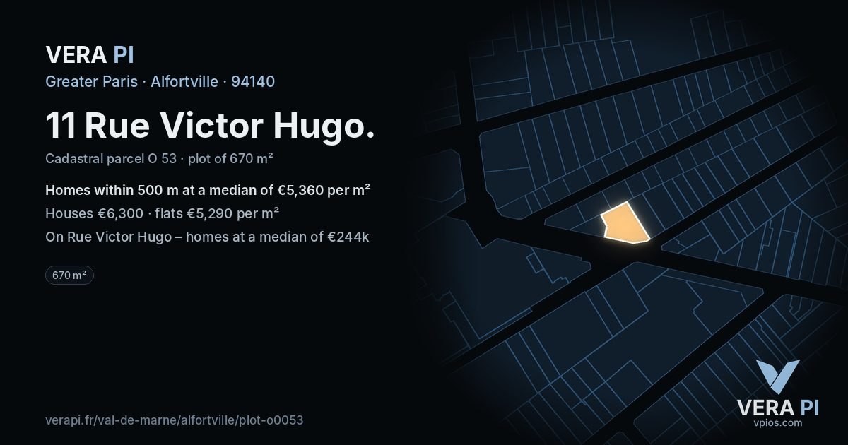 11 Rue Victor Hugo, Alfortville at night – the plot lit, the parcels around coloured by the prices near them