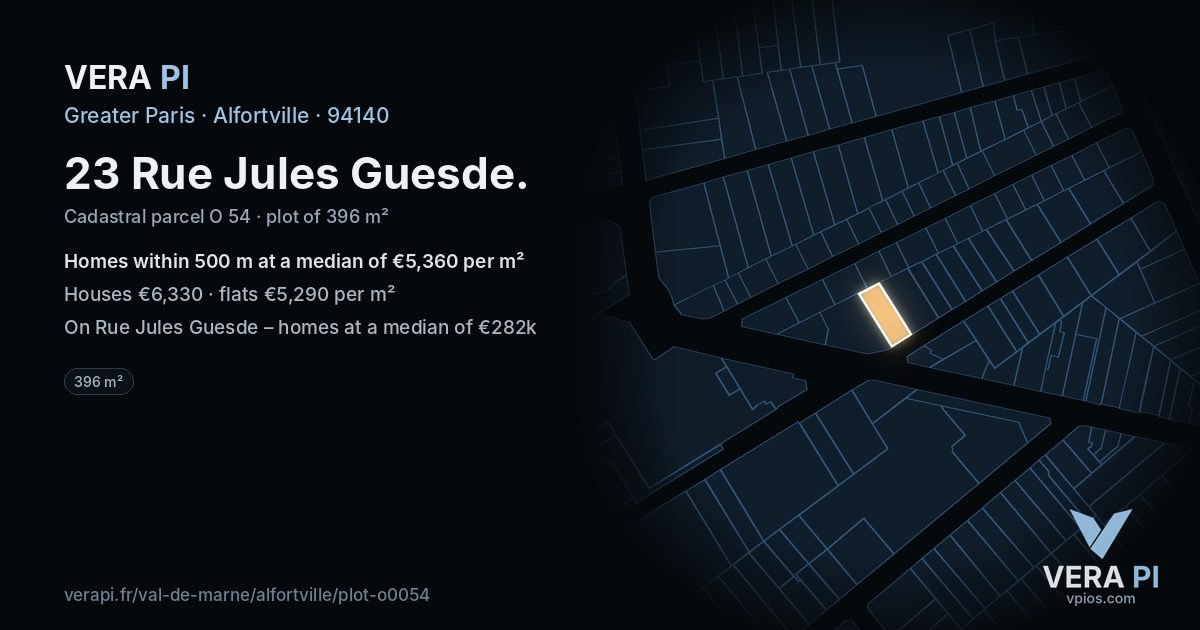 23 Rue Jules Guesde, Alfortville at night – the plot lit, the parcels around coloured by the prices near them