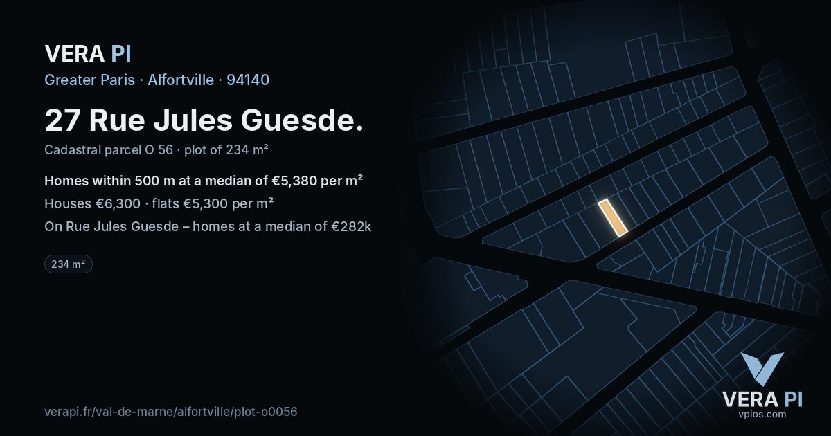 27 Rue Jules Guesde, Alfortville at night – the plot lit, the parcels around coloured by the prices near them