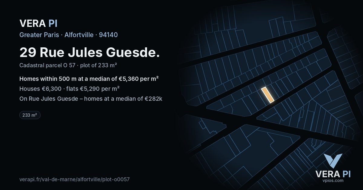 29 Rue Jules Guesde, Alfortville at night – the plot lit, the parcels around coloured by the prices near them