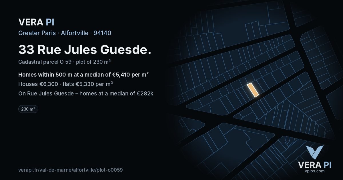 33 Rue Jules Guesde, Alfortville at night – the plot lit, the parcels around coloured by the prices near them