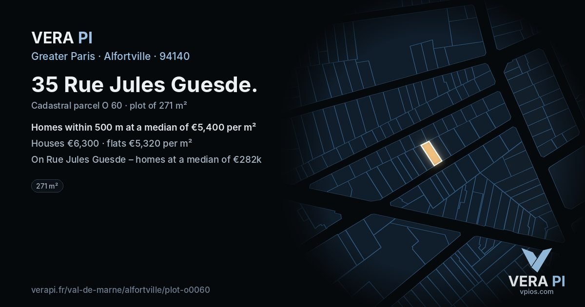 35 Rue Jules Guesde, Alfortville at night – the plot lit, the parcels around coloured by the prices near them