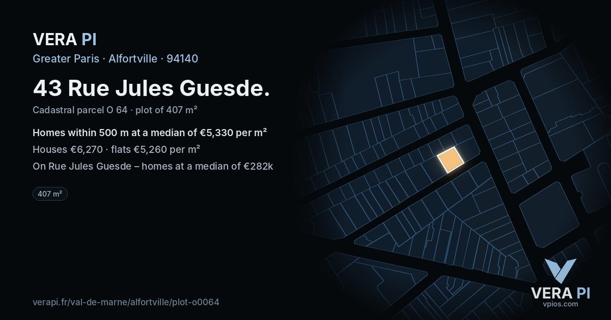43 Rue Jules Guesde, Alfortville at night – the plot lit, the parcels around coloured by the prices near them