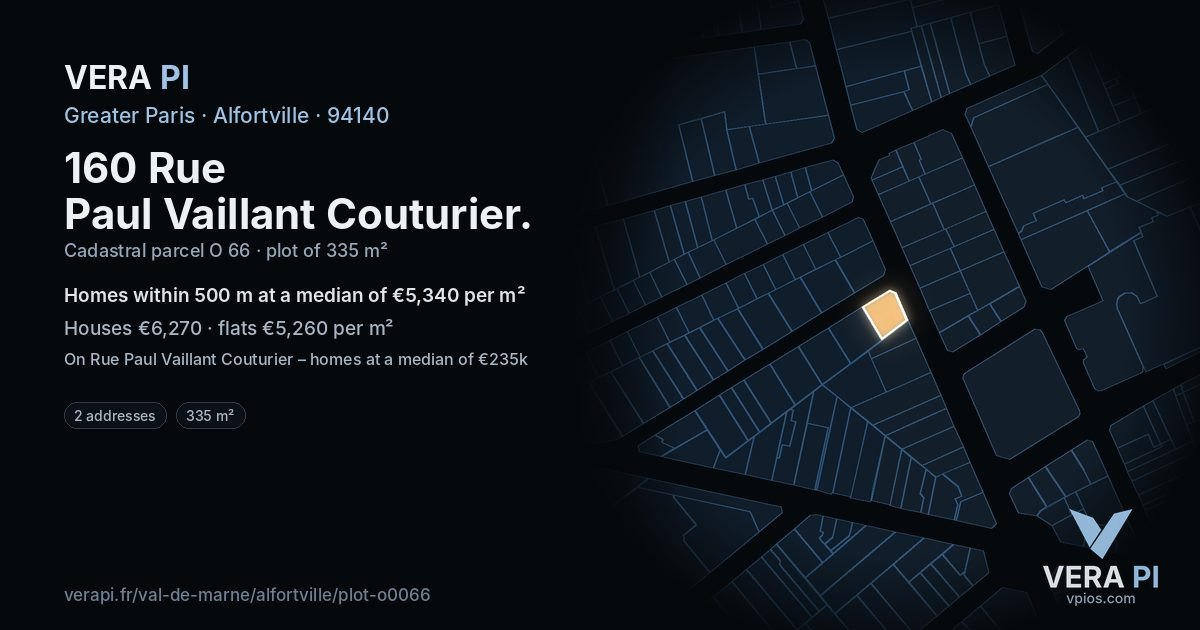 160 Rue Paul Vaillant Couturier, Alfortville at night – the plot lit, the parcels around coloured by the prices near them