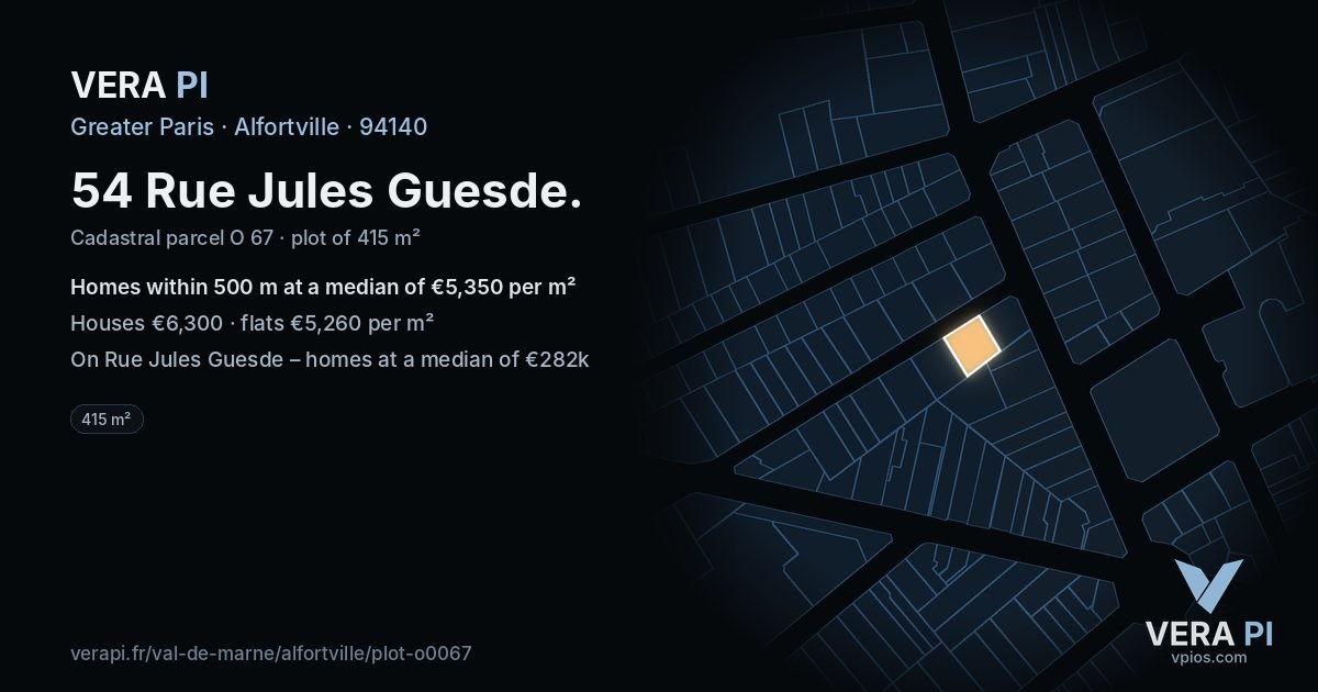 54 Rue Jules Guesde, Alfortville at night – the plot lit, the parcels around coloured by the prices near them
