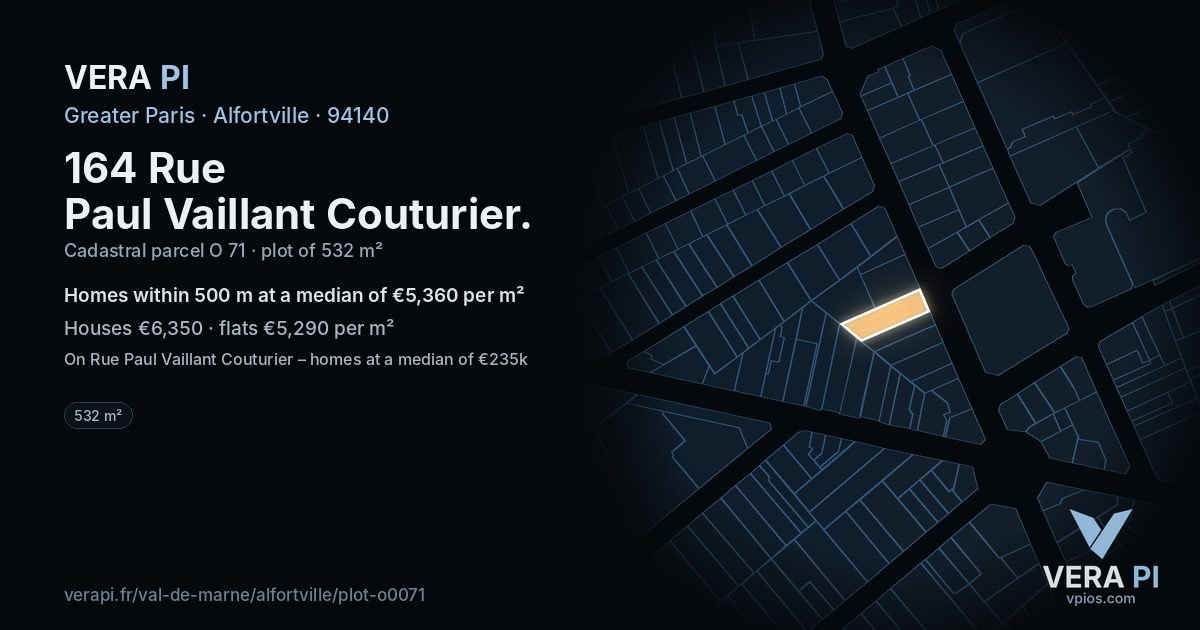 164 Rue Paul Vaillant Couturier, Alfortville at night – the plot lit, the parcels around coloured by the prices near them