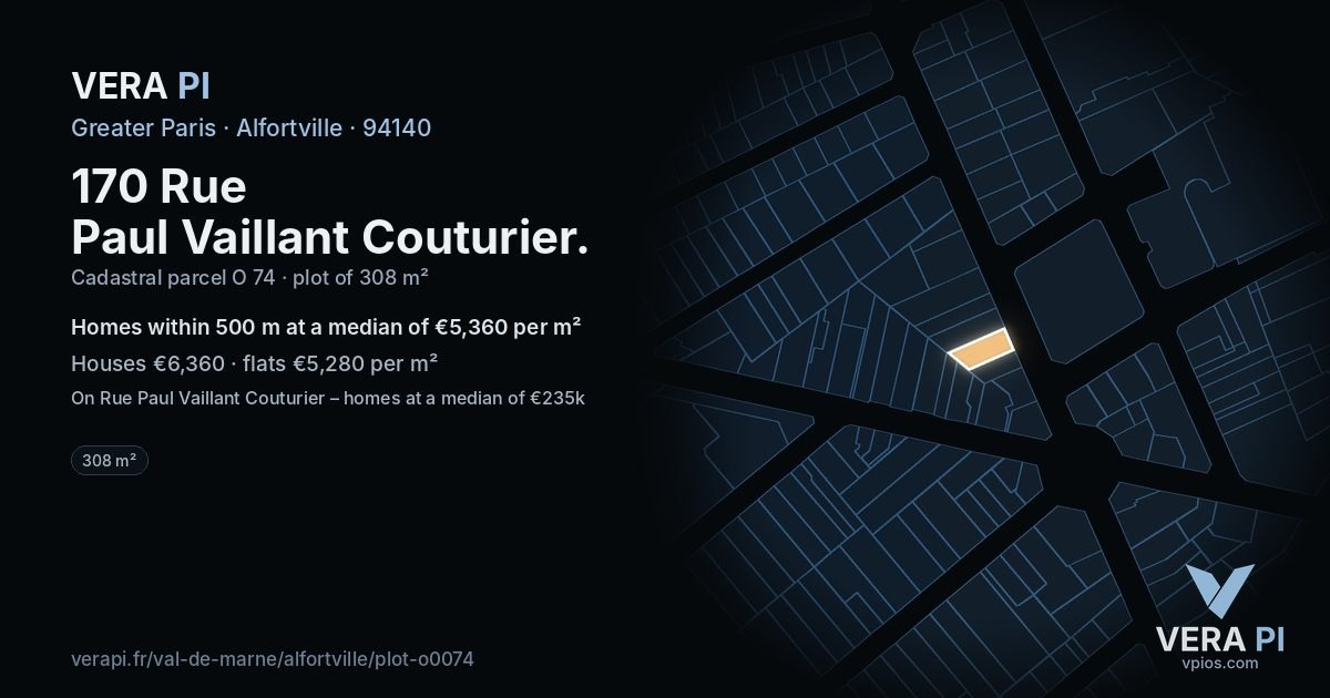 170 Rue Paul Vaillant Couturier, Alfortville at night – the plot lit, the parcels around coloured by the prices near them