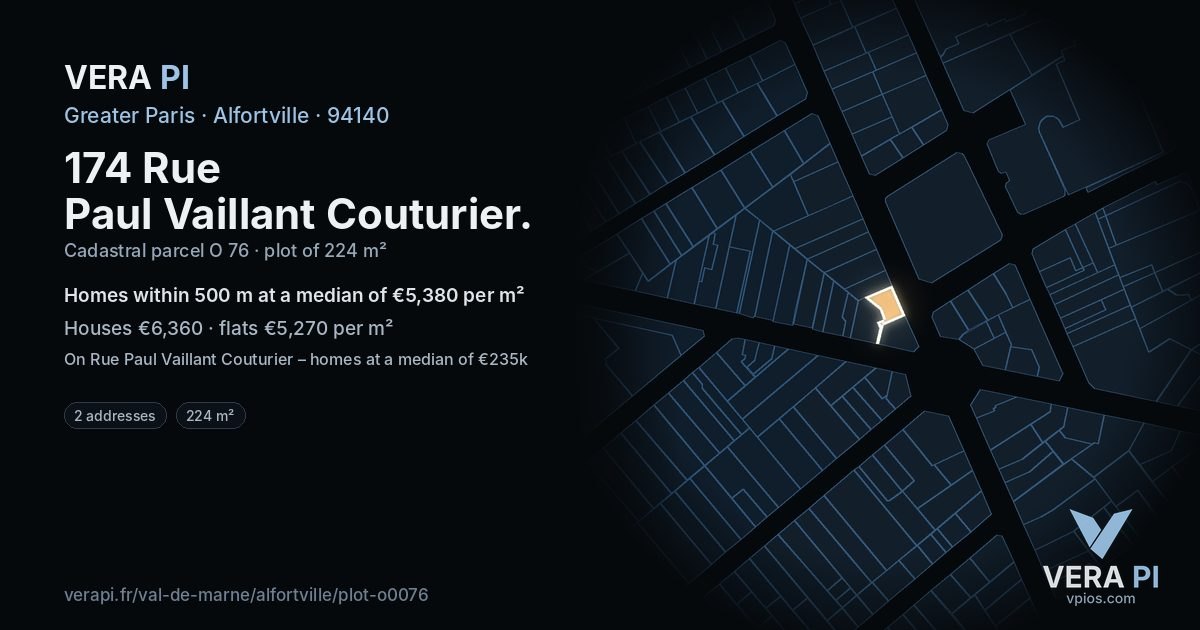 174 Rue Paul Vaillant Couturier, Alfortville at night – the plot lit, the parcels around coloured by the prices near them