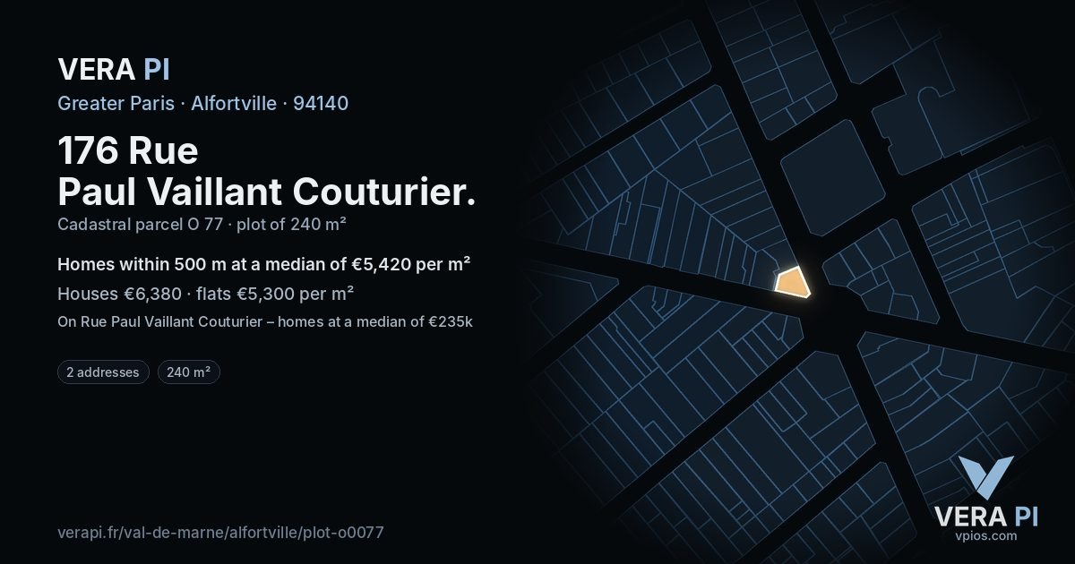176 Rue Paul Vaillant Couturier, Alfortville at night – the plot lit, the parcels around coloured by the prices near them