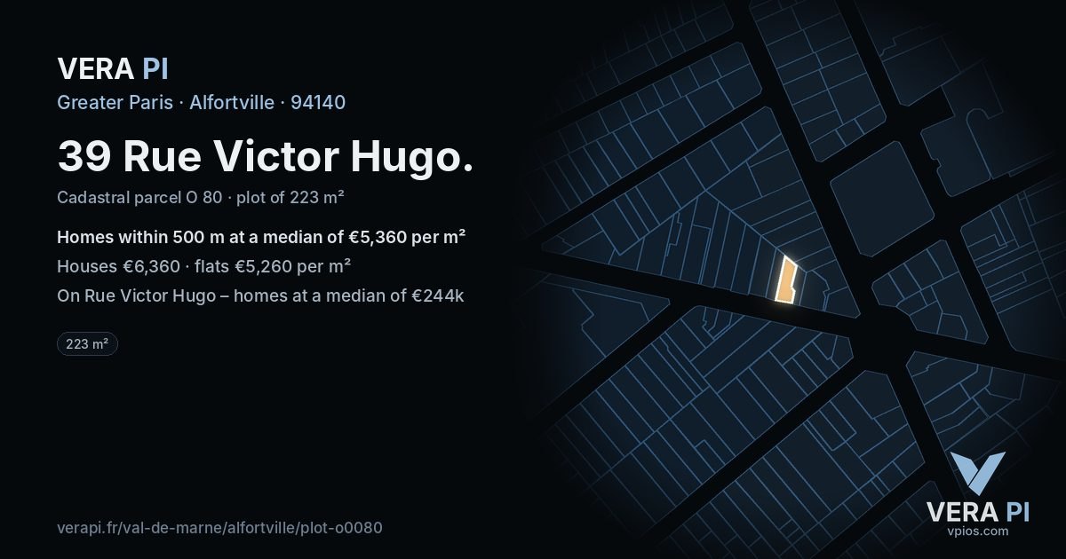 39 Rue Victor Hugo, Alfortville at night – the plot lit, the parcels around coloured by the prices near them