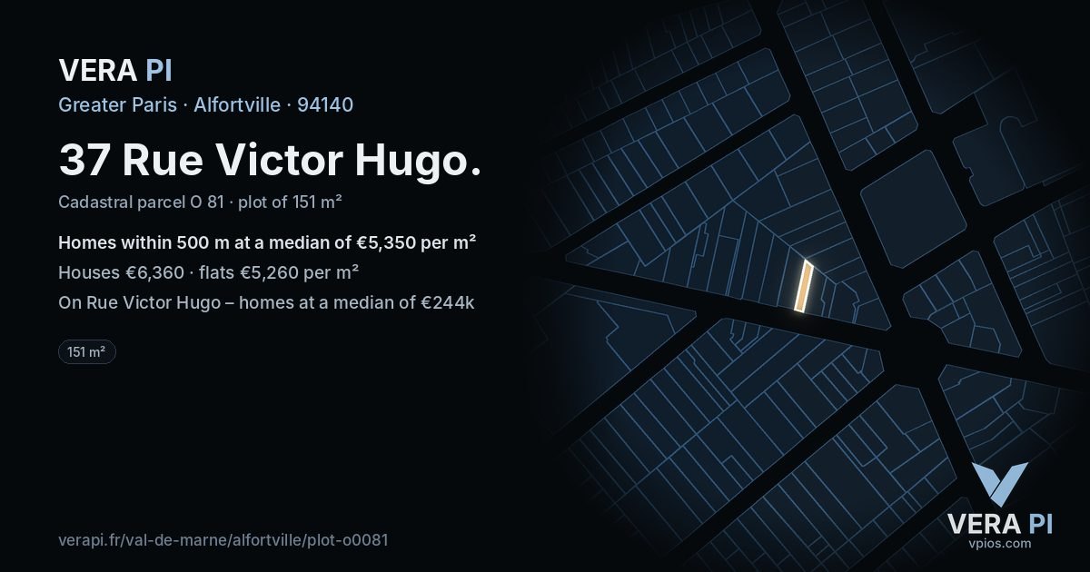 37 Rue Victor Hugo, Alfortville at night – the plot lit, the parcels around coloured by the prices near them
