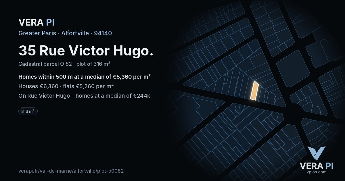 35 Rue Victor Hugo, Alfortville at night – the plot lit, the parcels around coloured by the prices near them