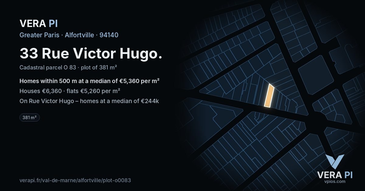 33 Rue Victor Hugo, Alfortville at night – the plot lit, the parcels around coloured by the prices near them