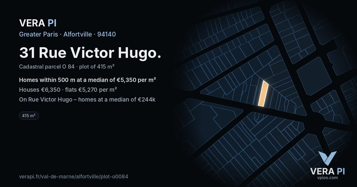 31 Rue Victor Hugo, Alfortville at night – the plot lit, the parcels around coloured by the prices near them