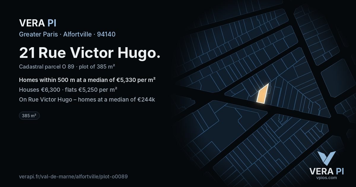 21 Rue Victor Hugo, Alfortville at night – the plot lit, the parcels around coloured by the prices near them