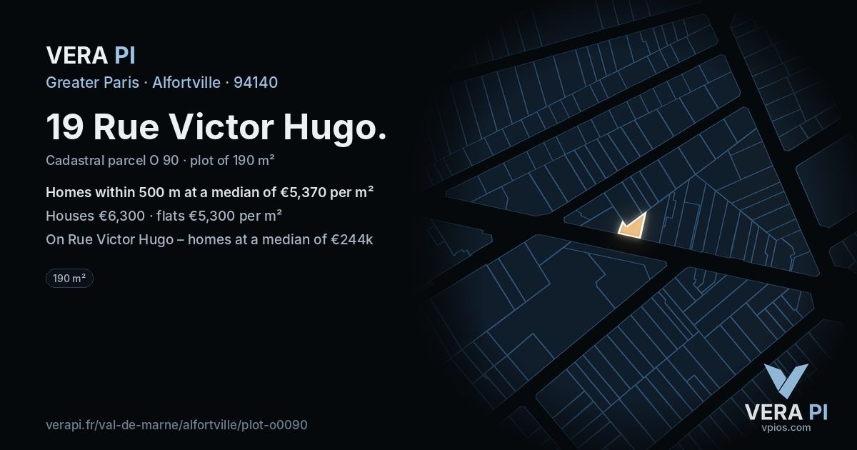 19 Rue Victor Hugo, Alfortville at night – the plot lit, the parcels around coloured by the prices near them