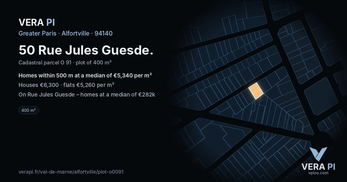 50 Rue Jules Guesde, Alfortville at night – the plot lit, the parcels around coloured by the prices near them