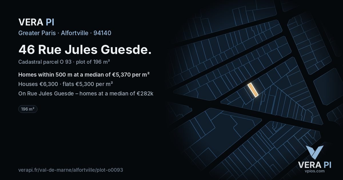 46 Rue Jules Guesde, Alfortville at night – the plot lit, the parcels around coloured by the prices near them