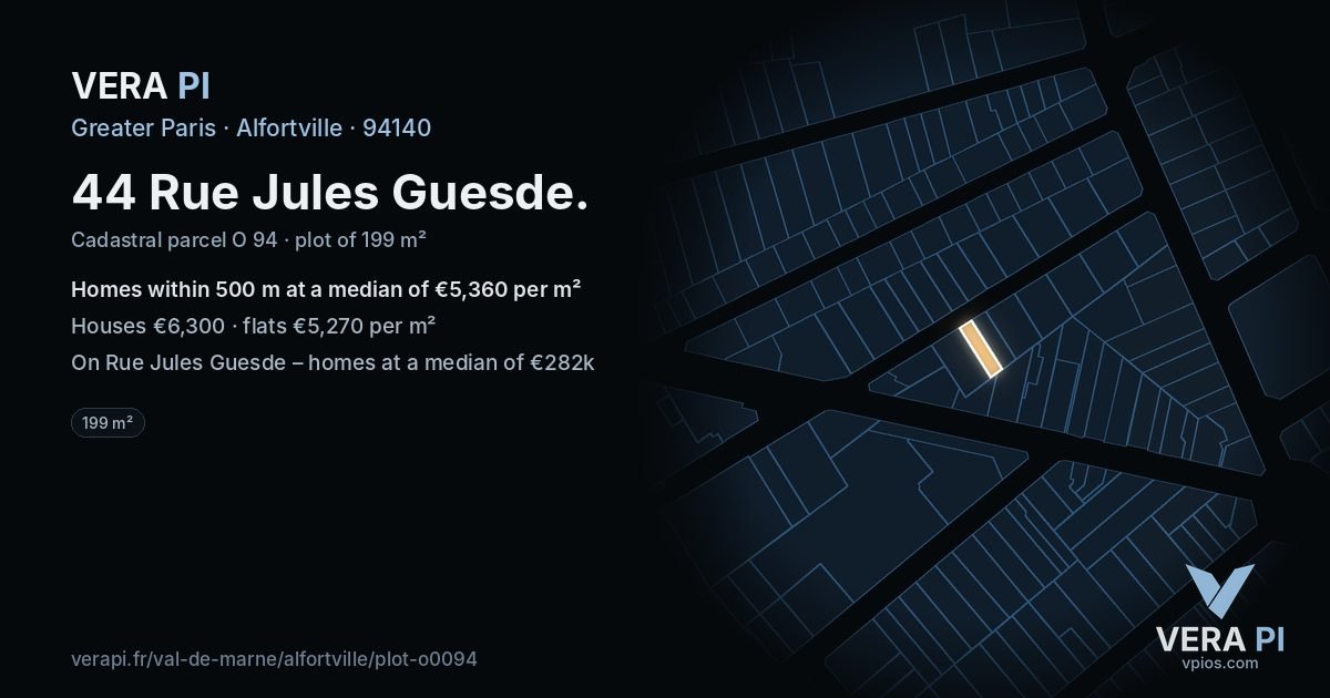 44 Rue Jules Guesde, Alfortville at night – the plot lit, the parcels around coloured by the prices near them