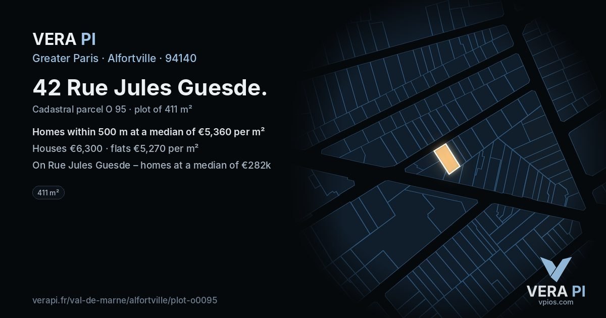 42 Rue Jules Guesde, Alfortville at night – the plot lit, the parcels around coloured by the prices near them