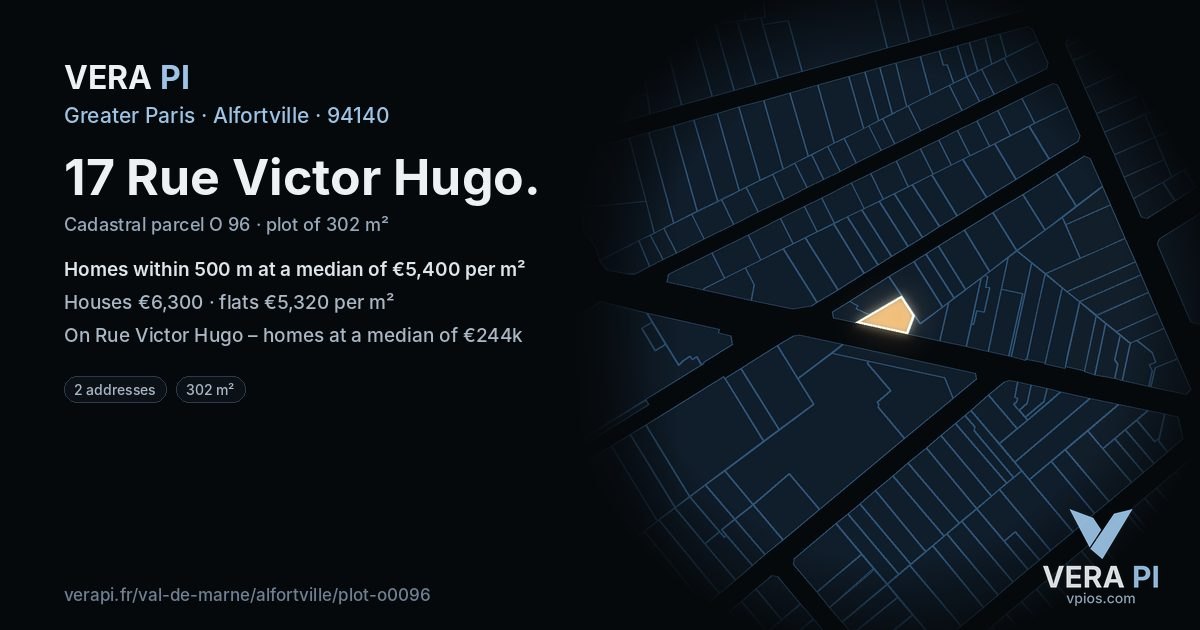17 Rue Victor Hugo, Alfortville at night – the plot lit, the parcels around coloured by the prices near them