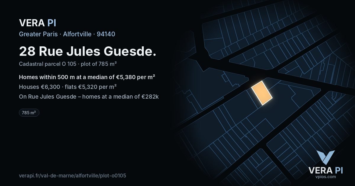 28 Rue Jules Guesde, Alfortville at night – the plot lit, the parcels around coloured by the prices near them
