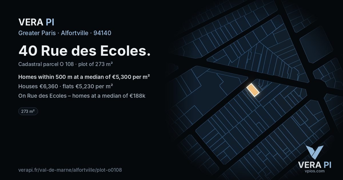 40 Rue des Ecoles, Alfortville at night – the plot lit, the parcels around coloured by the prices near them
