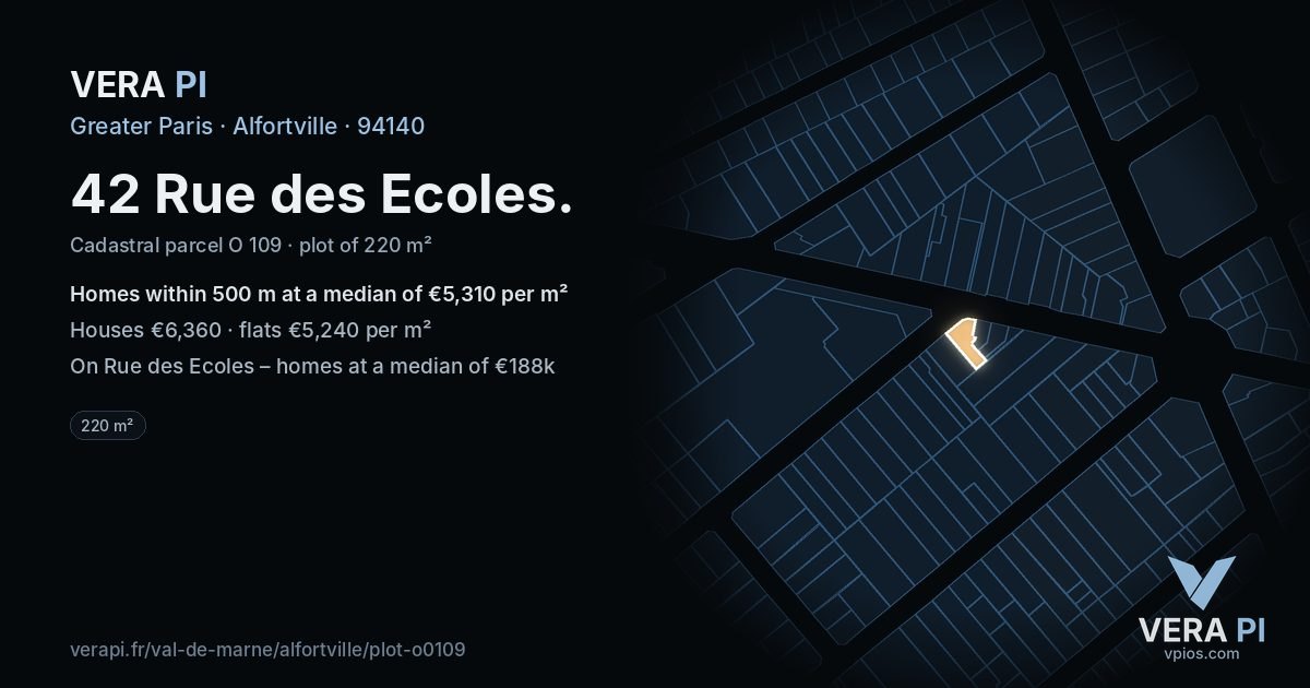 42 Rue des Ecoles, Alfortville at night – the plot lit, the parcels around coloured by the prices near them
